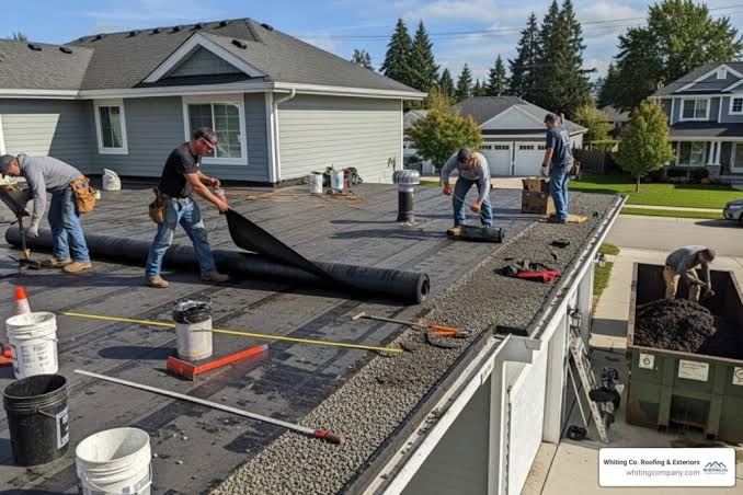 Roofing contractor inspecting damaged membrane on a flat roof